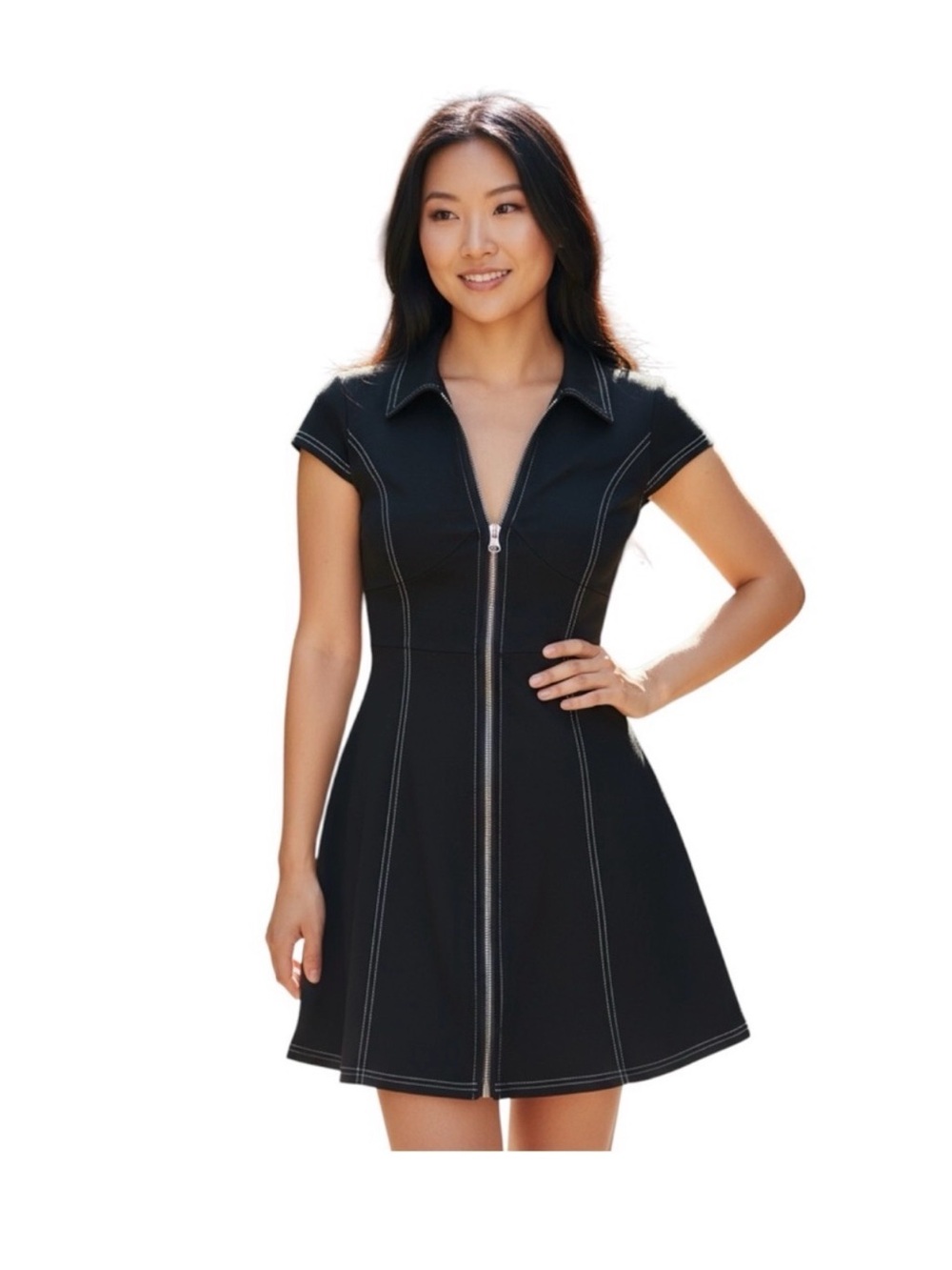 Urban Outfitters Black Zip-Front A-Line Mini Dress with White Contrast Stitching